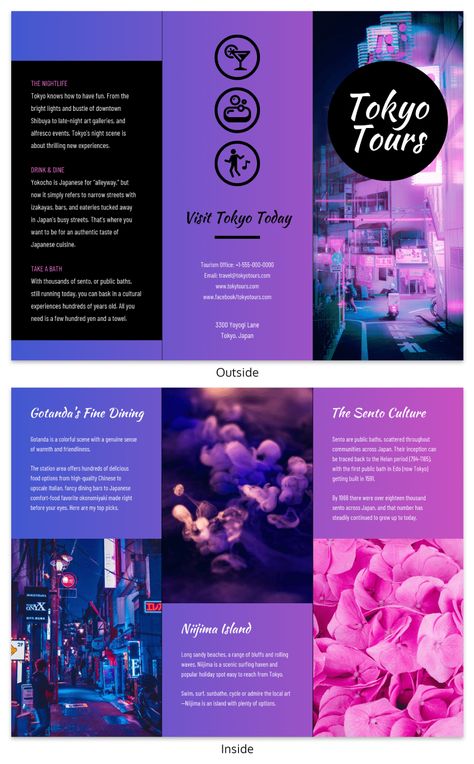 Tokyo Gradient Professional Travel Tri Fold Brochure Template Japan Travel Brochure, Tri Fold Brochure Template, Brochure Stand, Brochure Examples, Folder Templates, Tokyo Japan Travel, Travel Brochure Template, Brochure Print, Knysna