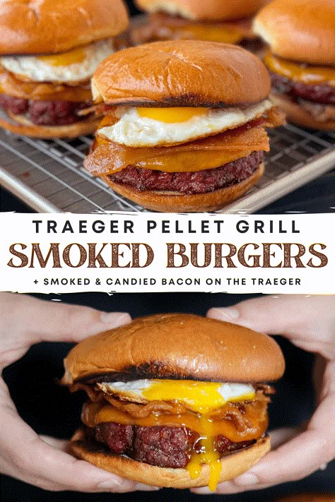 How to make thick and juicy smoked burgers on the Traeger grill + smoked candied bacon to go on top along with melted cheddar and fried eggs. This is easily one of our favorite Traeger recipes of all time! Easy Smoked Meat, Keto Smoked Recipes, Treager Grill Burgers, Pellet Grill Burger Recipes, Burgers On The Traeger Grill, Hamburgers On Traeger Grill, Smoker Burger Recipes, Easy Traeger Dinners, Traeger Hamburger Recipes