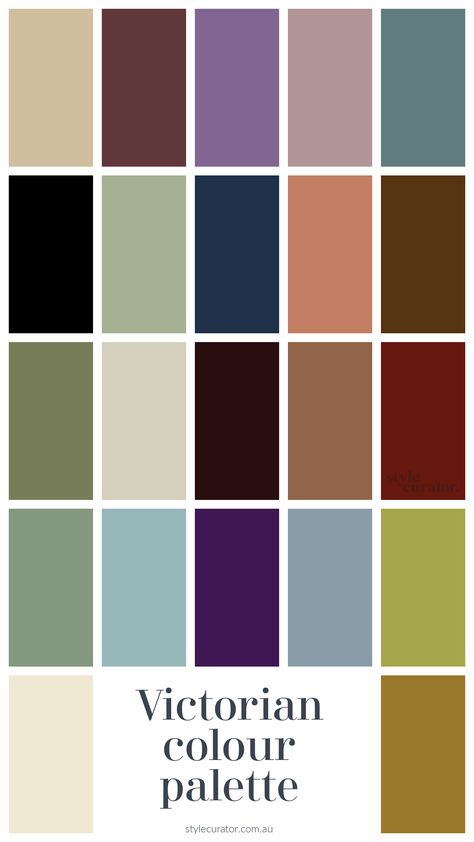 Edwardian Paint Colours, Victorian Interior Color Palette, Victorian Era Color Palette, Folk Victorian Interior, Victoria Color, Victorian Color Palette, Victorian Paint Colors, Victorian Decorating Ideas, Modern Victorian Bedroom