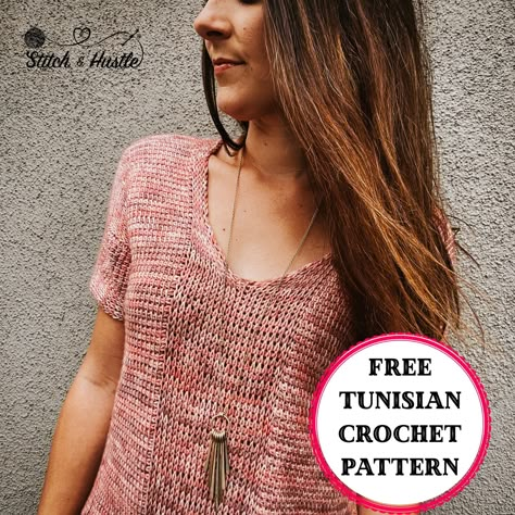 Comfort Tee Free Tunisian Crochet Pattern Caron Simply Soft Crochet Patterns, Tunisian Crochet Free, Crochet Shirts, Crochet Tee, Tunisian Crochet Pattern, Tunisian Crochet Hook, Crochet Top Outfit, Tunisian Crochet Patterns, Tunisian Crochet Stitches