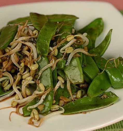 Sautéed Snow Peas and Bean Sprouts Recipe Bean Sprouts Recipe, Food Must Haves, Bean Sprout Recipes, No Meat Meals, Asian Side Dishes, Chinese Vegetables, Bean Sprout, Vegetable Recipe, Sprouts Recipe