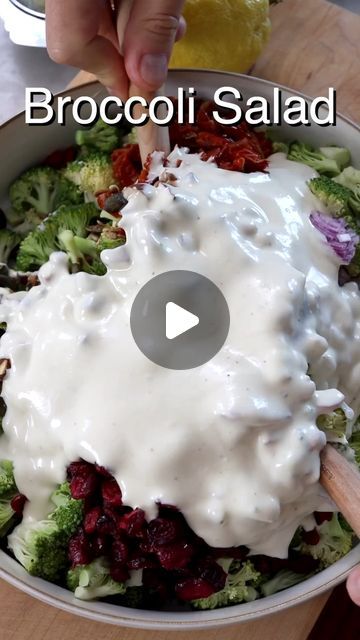 Nico Pallotta on Instagram: "Healthier Broccoli Salad ☀️🥦

⭐️ Get Recipe: https://theplantbasedschool.com/broccoli-salad/

This broccoli salad combines indulgent and healthy, crunchy and creamy, light and fulfilling all in one tasty bowl.

It’s our interpretation of the classic broccoli salad recipe. We use almonds and sun-dried tomatoes instead of sharp cheddar cheese and bacon bits.

⭐️ Ingredients
2 heads (680 grams) broccoli, about 1½ pounds; cut into small florets and stem chopped into small pieces
½ red onion finely chopped
½ cup (50 grams) dried cranberries
¼ cup (35 grams) almonds chopped and toasted
¼ cup (35 grams) seeds of sunflower or pumpkin; toasted
½ cup (70 grams) sun-dried tomatoes in oil optional; chopped

BROCCOLI SALAD DRESSING
½ cup (120 grams) vegan mayo or your favo Mediterranean Broccoli Salad, Broccoli Curry Salad, Broccoli Ranch Salad, Broccoli Salad Videos, Broccoli Recipes Videos, Broccoli Salad Dressing No Mayo, Chopped Broccoli Salad, Broccoli Cauliflower Salad Healthy, Broccoli Salad Dressing Recipe