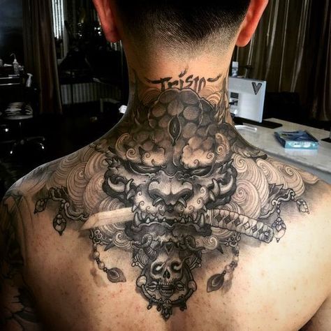 Back Of Neck Tattoo Men, Bodysuit Tattoos, Nape Tattoo, Japanese Back Tattoo, 42 Tattoo, Backpiece Tattoo, Maori Tattoos, Bull Tattoos, Back Of Neck Tattoo