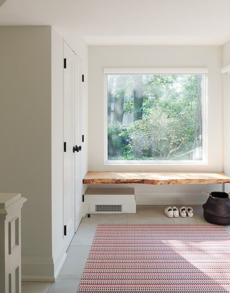 Mudroom with Live Edge Bench - Transitional - Laundry Room Blue Mudroom, Mudroom Shelves, Blue Shiplap, Dark Blue Kitchen Cabinets, Red And Blue Rug, Shiplap Trim, Blue Striped Rug, Floating Bench, Cottage Style Living Room