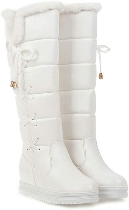 Amazon.com | CYBLING Women's Winter Warm Knee High Down Snow Boots Waterproof Cross-Tied Hidden Wedges Platform Boots White 9 | Knee-High Platform Boots White, Snow Boots Waterproof, Thick Calves, Knee High Boots Winter, Pu Boots, Waterproof Snow Boots, Boots White, Boots Waterproof, Womens Knee High Boots