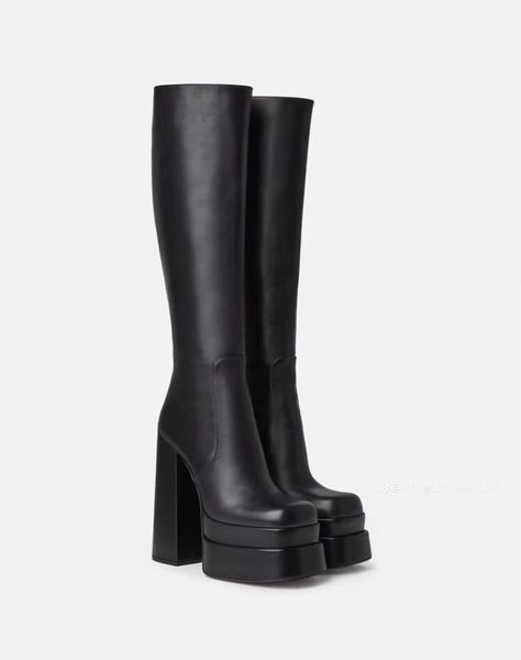 Square Toed Boots, Versace Boots, Knee High Platform Boots, Boot For Women, Catty Noir, Dr Shoes, High Heeled Boots, Black Platform Boots, Square Toe Boots