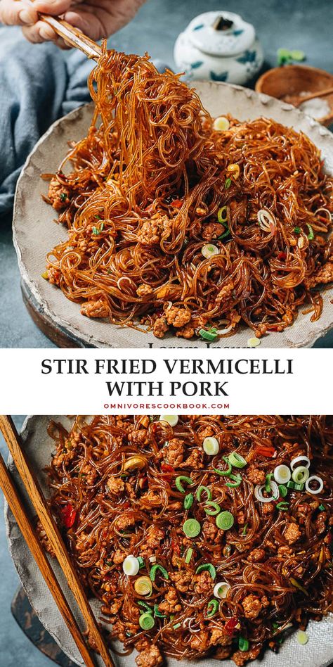 Ma Yi Shang Shu, or stir fried vermicelli with pork, is a perfect quick weekday dinner dish that is so flavorful yet easy to put together. A Sichuan classic, it features tender mung bean vermicelli noodles braised in a savory aromatic sauce with ground pork, spiced up with chili bean paste. All you need is 20 minutes to put it together - top it on a bowl of steamed rice for a great dinner! {Gluten-Free Adaptable} Vermicelli Stir Fry, Chili Bean, Vermicelli Recipes, Ground Pork Recipes, Asian Dinners, Weekday Dinner, Vermicelli Noodles, Recipes Asian, Mung Bean