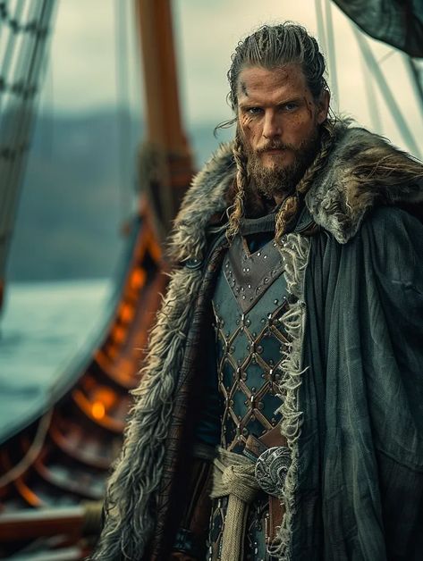 The image shows a Viking warrior standing on a ship. He is wearing a bearskin cloak and a leather jerkin ->> more details in ai-img-gen.com King Arthur Book, Leather Jerkin, Viking Cloak, Character Art Male, Black Viking, Warrior Oc, Fierce Expression, Braided Beard, Nordland