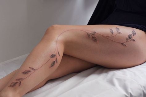 Wraparound Leg Tattoo, Thigh Vine Tattoos For Women, Vine Tattoo Thigh, Vine Wrapped Around Leg Tattoo, Leaf Leg Tattoo, Leg Vine Tattoos For Women, Leg Wrap Around Tattoo, Vine Hip Tattoo, Leg Vine Tattoo