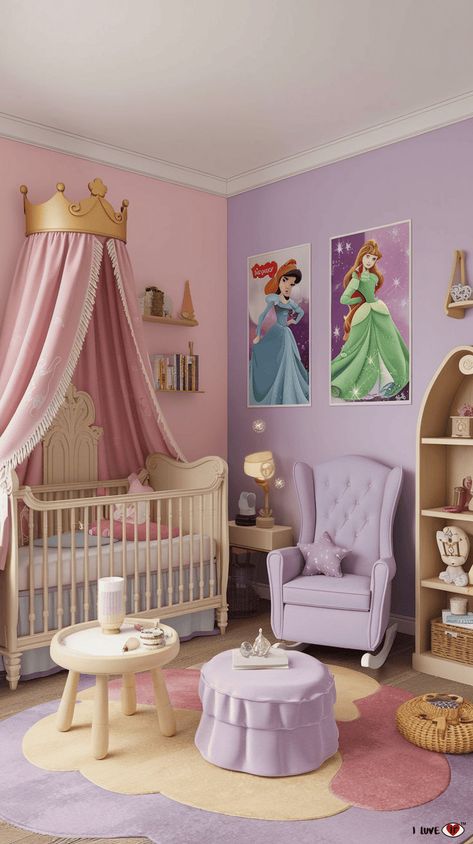 girls nursery Tangled Nursery Theme, Disney Girl Nursery, Disney Princess Nursery Theme, Girls Disney Nursery, Disney Nursery Girl, Nursery Ideas Small Room, Princess Nursery Theme, Nursery Ideas For Girls, Disney Baby Rooms