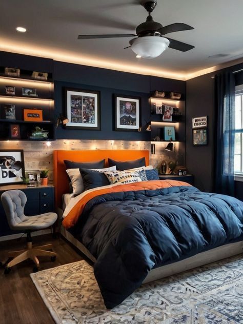 Teenager Boy Bedroom Furniture, One Blue Wall Bedroom, Boys Bedrooms Ideas Teenagers, Bedroom Ideas For 8 Year Boy, Teen Rooms Boys, Teen Bedroom Decor For Boys, Teen Boys Small Bedroom Ideas, Room Ideas Blue Walls, Bedrooms For Teenage Boys