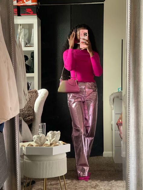 Metallic pink pants, knitt off shoulder sweater, ballerina shoes, metalic ombre purse Pink Leather Trousers Outfit, Metallic Pink Skirt, Pink Metallic Pants, Pink Metallic, Metallic Pink Outfit, Pink Metallic Boots Outfit, Pink Metallic Skirt Outfit, Pink Metallic Pants Outfit, Metallic Jeans Outfit