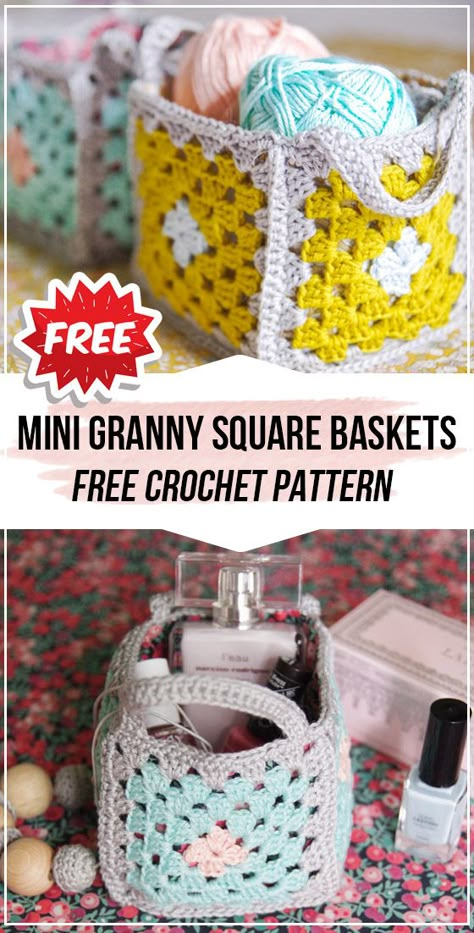 crochet Mini Granny Square Baskets free pattern #Baskets #crochet#freecrochetpattern via @shareapattern.com Crochet Mini Bag Free Pattern, Granny Square Basket, Easy Crochet Bags For Beginners, Crochet Granny Square Projects, Sac Granny Square, Crocheted Baskets, Granny Square Projects, Square Basket, Crochet Basket Pattern Free