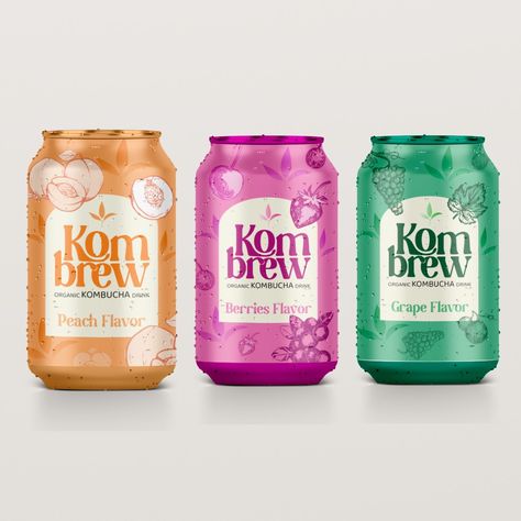 Healthy Drink Package Design, Kombucha Design Packaging, Organic Drink Packaging, Kombucha Logo Design, Lemonade Label Design, Energy Drink Logo Design Ideas, Beverage Label Design, Can Logo Design, Kombucha Design