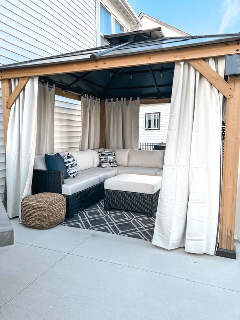 Pergola With Curtains Ideas, Small Patio With Gazebo, Patio Furniture Under Gazebo, Patio Cover Curtain Ideas, Pergolas With Curtains, Backyard Patio Curtains, Gazebo For Deck, Gazebo With Curtains Ideas, Outdoor Patio Curtains Back Porches