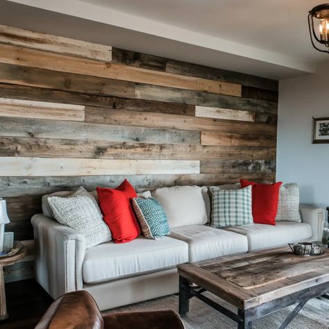 Reclaimed Wood Accent Wall Multicolor Wood Wall, Wood Plank Accent Wall, Barn Wood Accent Wall, Accent Wall Fireplace, Salvaged Wood Projects, Wooden Dining Bench, Wooden Blanket Ladder, Reclaimed Wood Accent Wall, Wooden Accent Wall