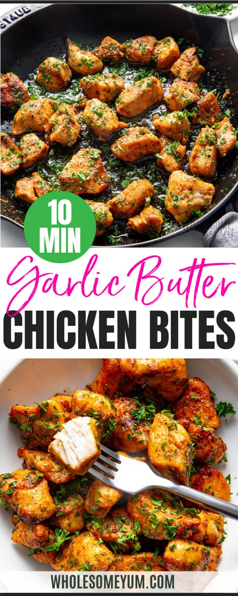 Chicken Bites Garlic Chicken Recipes Healthy, Chicken In A Pan Recipes, Buttery Chicken Breast, Things To Cook With Chicken Breast, Chicken Recipes With Asparagus, Stove Top Chicken Bites, Easy Pan Chicken Recipes, Healthy Quick Chicken Recipes, Simple Chicken Breast Recipes Skillet