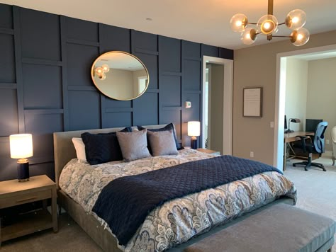 Master bedroom feature wall in SW naval. Grey And Navy Master Bedrooms Decor, Bedroom Design Blue Wall, Deep Blue Bedroom Accent Wall, Blue Panel Wall Bedroom, Navy Wall Panelling Bedroom, Navy Wainscoting Bedroom, Navy Accent Wall In Bedroom, Sw Naval Bedroom, Navy Blue Panelling Bedroom