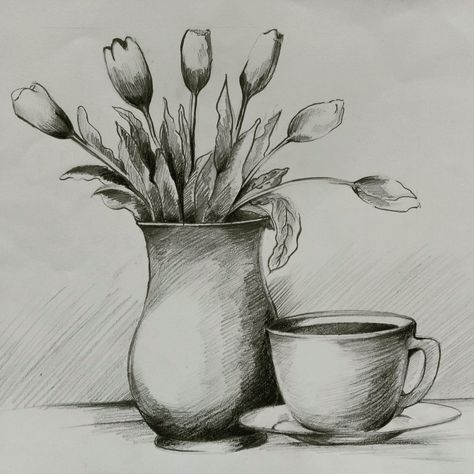 Pencil drawing | pencil shading | still life drawing | cup and vase | Vases Still Life, Sketch Ideas Still Life, Still Life To Draw, Academic Still Life Drawing, Still Life Drawing Pencil Shading, Shading Practice Drawing, Still Life Composition Drawings, Pencil Sketches Still Life, Vase Drawing Ideas