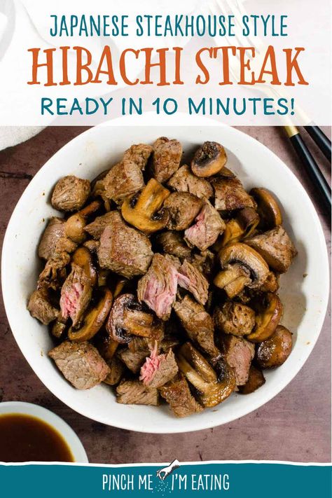 Want to learn how to make hibachi steak and mushrooms in your own kitchen? It's easier than you think! This easy Japanese steakhouse style recipe uses flavorful ribeye and soy sauce to create a restaurant-quality dish in only 10 minutes! Easy Hibachi Steak, Hibachi Steak Recipe, Japanese Clear Soup, Homemade Hibachi, Easy Hibachi, Ribeye Recipe, Hibachi Vegetables, Ginger Salad Dressing, Dinner Recipes Quick And Easy