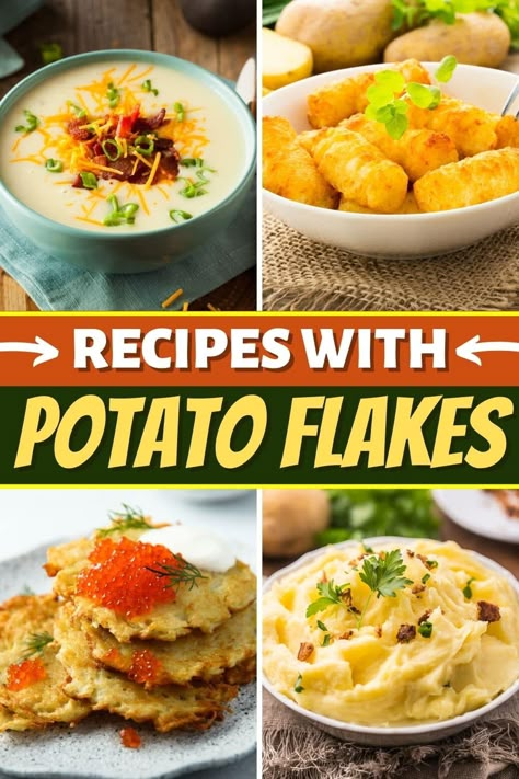 Try these recipes with potato flakes for quick, delicious side dishes! From soup to chicken to potato puffs, you'll love these tasty dishes. Potato Soup With Potato Flakes, Recipes Using Potato Flakes, Mashed Potato Flakes Recipes, Instant Potato Flake Soup, Recipes Using Instant Potato Flakes, Recipes Using Instant Potatoes, Recipes Using Instant Mashed Potato Flakes, Recipes With Potato Flakes, Instant Potato Flakes Recipes