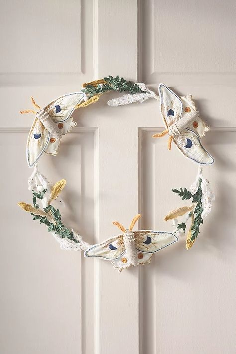 Holiday Décor, Ornaments, Gift Wrap & More | AnthroLiving Moth Wreath, Fiber Animals, Embroidered Wreath, Faux Fur Tree Skirt, Fur Tree, Beads Candy, Anthropologie Home, Luna Moth, Wreath Door