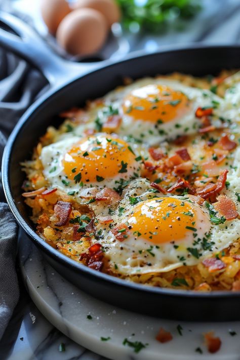 Baked dish with sunny-side-up eggs, chopped bacon, herbs, and grated cheese in a skillet. Hashbrown Egg Skillet, Breakfast Recipes With Hashbrowns, Breakfast Egg Bakes With Hashbrowns, Hashbrown And Eggs Skillet, Hashbrown Skillet Breakfast, Hashbrowns Breakfast Ideas, Egg And Hashbrown Skillet, Loaded Hashbrowns Skillet, Ore Ida Hashbrown Recipes