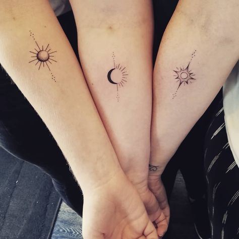 Trio Tattoos, Burgundy Quinceanera, Moon Star Tattoo, Cousin Tattoos, Maching Tattoos, Matching Friend Tattoos, Stars Tattoo, Tattoos Butterfly, Bestie Tattoo