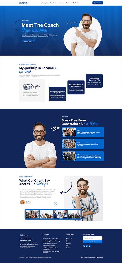 Triump - Life Coach & Motivator Elementor Template Kit by Rometheme Business Website Design Inspiration, Life Coach Website, Becoming A Life Coach, Coach Website, Ui Design Website, Wordpress Developer, Business Website Design, Ad Template, Webpage Design