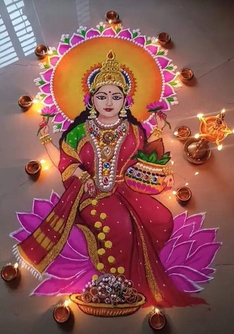 Laxmi Drawing For Diwali, Maa Laxmi Rangoli Design, Laxmi Devi Rangoli Designs, Lakshmi Devi Drawing Easy, Lakshmi Maa Rangoli, Maa Laxmi Rangoli, Deepawali Rangoli Designs Latest, Lakshmi Ganesh Rangoli, Laxmi Goddess Rangoli