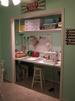 I don't want to give up on the idea of a closet office just yet.  How much room does a baby actually need? Sewing Closet, Craft Room Desk, Closet Desk, Small Craft Rooms, Sewing Decor, Sewing Spaces, Craft Closet, Sewing Craft Room, Sewing Room Design