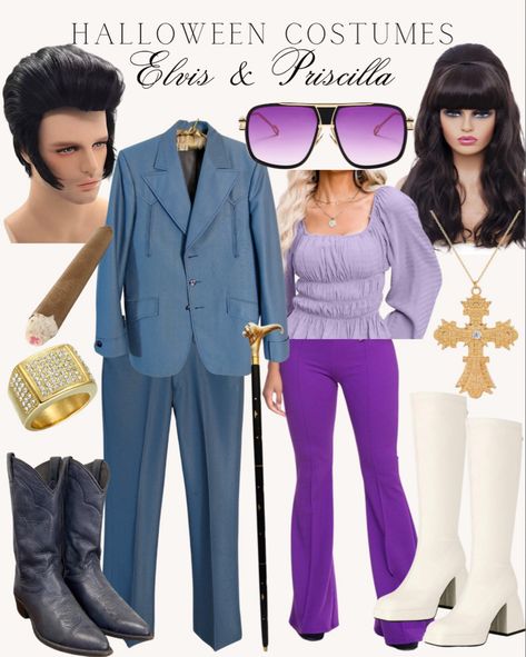 Priscilla Presley Purple Outfit, Elvis Couple Costume, Elvis Presley Outfit Ideas, Priscilla And Elvis Costume, 60s Couple Costume, Priscilla Presley Costume Halloween, Elvis Presley And Priscilla Costume, Elvis And Priscilla Costume, Priscilla Presley Costume