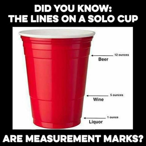 Red Solo cup has lines for the measurements of the amount of liquor/wine/beer to be poured into it. Nice suggestions! Red Solo Cup, Red Cup, Solo Cup, Party Hacks, Random Facts, Superbowl Party, Wine And Liquor, The More You Know, Fun Fact