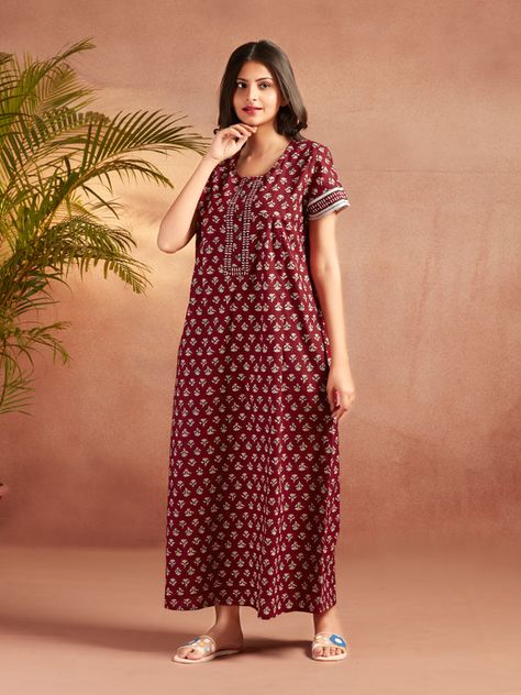 Maroon Essential Button-Up Nighty Cotton Nighties India, Nighty Designs Indian Cotton, Nighty Designs Indian, Cotton Nighty For Women, Nighty Cotton, Pjs Aesthetic, Nighty Night Dress, Women Nighty, South Asian Aesthetic