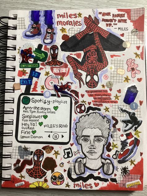 Miles Morales Sketchbook Ideas, Miles Notebook, Spiderman Drawing Miles Morales, Spider Man Sketchbook Page, Spiderman Journal Page, Miles Morales Sketchbook Pages, Spiderman Sketchbook Page, Im Miles Morales, Drawing Miles Morales