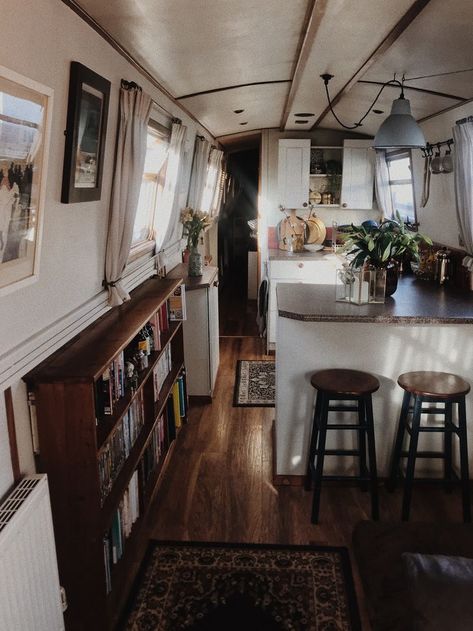 Editors Letter, Canal Boat Interior, School Bus Tiny House, Narrowboat Interiors, Boat House Interior, Boat Interior Design, Bus Home, Houseboat Living, Boat Living