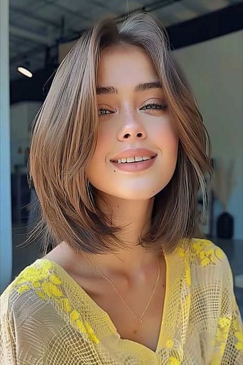 Polished and playful sleek rounded feathered bob at neck-length for a chic, refined look Short Straight Haircuts For Round Faces, Asian Hair Bob, Shaved Sides Pixie, Neck Length Hair Cuts, Female Dreads, Neck Length Hair, Sleek Short Hair, Feathered Bob, Short Hair Cuts For Round Faces