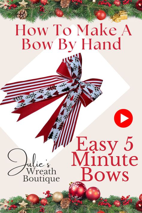 It's the most wonderful time of the year, but also the busiest. If you have just 5 minutes, Julie will show you step by step how to create beautiful bows for your wreath or gifts with her youtube tutorial. Everyone can learn how to make a bow! Follow along and see just how easy it can be to pick your favorite ribbon and make the perfect accent for all your holiday creations. #bowmaking #easyDIYcrafts #5minutebows #bows #julie'swreathboutique #youtubetutorial Multiple Ribbon Bow, Bows Diy Ribbon Step By Step Videos, Easy Wreath Bow, Wreath Bow Tutorial Step By Step, Multi Ribbon Bow Tutorial, How To Make A Bow For A Wreath, Make Bows Out Of Ribbon, How To Decorate A Wreath, Holiday Bows Diy