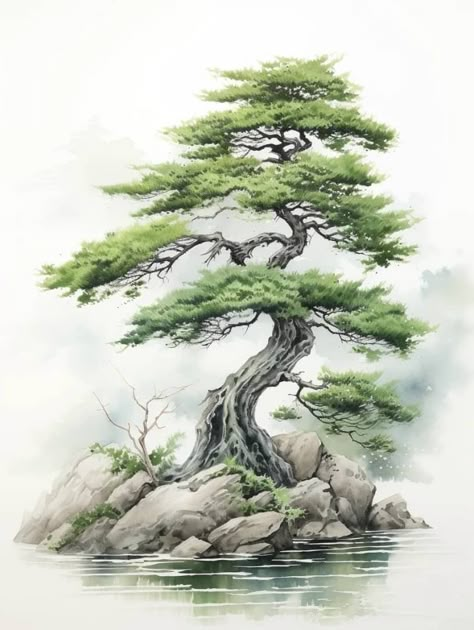 Japanese Trees Painting, Bonsai Tree Drawing Sketches, Chinese Tree Drawing, Bonsai Tree Painting Acrylic, Japanese Forest Art, Chinese Tree Painting, Japanese Tree Drawing, Japanese Tree Art, Bonsai Tree Drawing