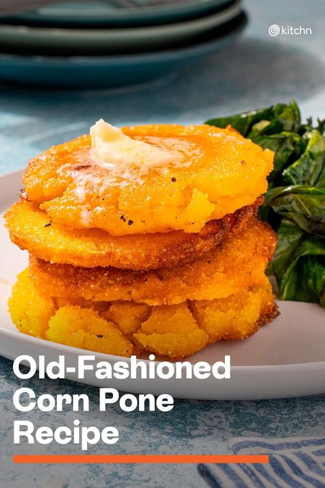 Old-fashioned corn pone is a simple Southern side dish that has stood the test of time. The simple cornmeal pancakes are fried in a skillet (in bacon fat!) until crisp and golden. Made from just four ingredients, these corny cakes are welcome at breakfast or as a starchy side to serve with savory stews come dinnertime. #oldfashionedcornpone #oldfashionedcornponerecipe #cornponerecipe #cornpone Corn Pones Recipes, Fine Cornmeal Recipes, Pan Corn Flour Recipes, Cornmeal Breakfast Recipes, Southern Cornmeal Hoecakes, Cornpone Recipe, Corn Pone Recipe, Corn Meal Cakes, Pone Bread Recipe