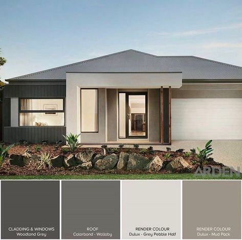 Gray Exterior House Schemes, House Facade Paint Color Schemes, Front House Colour Ideas, Outdoor House Colour Combinations, Best Colour Combinations For Building, Grey House Color Scheme Exterior, Modern Brown Exterior House, Grey Facade House Modern, Modern Facade Color Combination