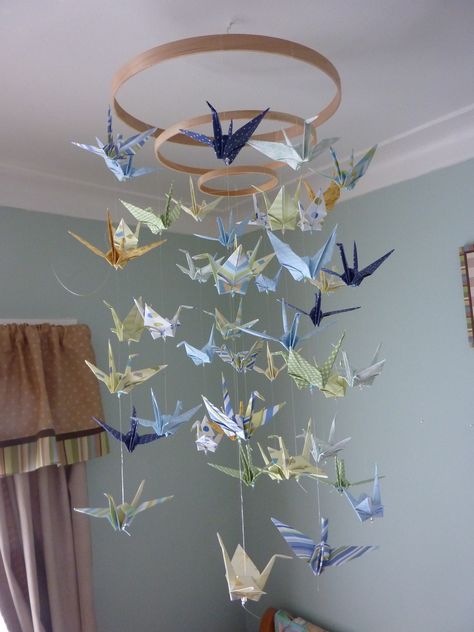 DIM (did it myself!) Baby Origami Paper Crane Mobile Chandelier Mobil Origami, Origami Pikachu, Paper Crane Mobile, Origami Decor, Crane Mobile, Origami Birds, Origami Mobile, Paper Mobile, Diy Baby Mobile