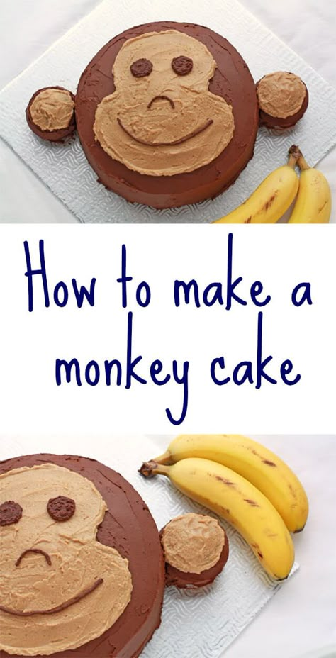 Monkey Birthday Cake Ideas, Jungle Birthday Cake Diy, Diy Animal Cake, Banana Decorated Cake, Monkey Themed Food, Banana Themed Cake, Monkey Face Cake, Monkey Cakes For Boys, Simple Animal Cake