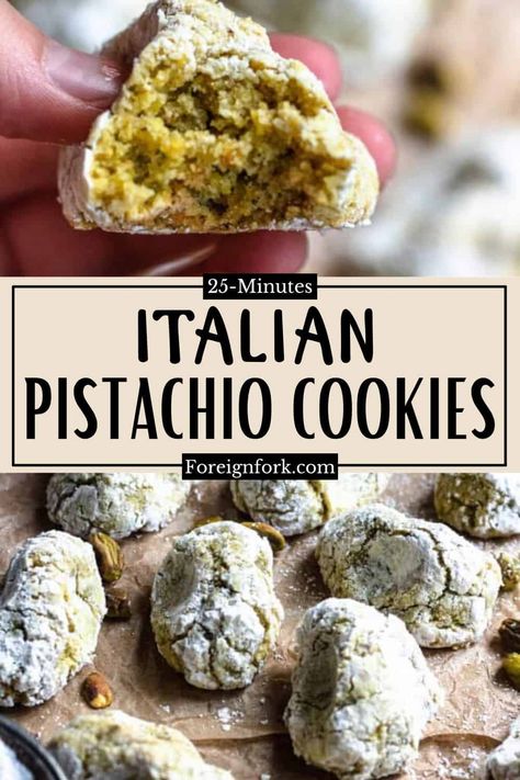 This recipe for Italian Pistachio Cookies uses only 5 ingredients. The cookies are soft and share the tastes of pistachio and lemon. They are great for a quick cookie recipe any time of the year, and the green color also makes them a great fit for Christmas dessert! Pistachio Flour Cookies, Sea Salt Pistachio Cookies, Sicilian Pistachio Cookies, Pistasio Cookies, Pistachio Italian Cookies, Recipes That Use Pistachio Cream, Light Cookies Recipe, Pistachio Dessert Vegan, Keto Pistachio Cookies