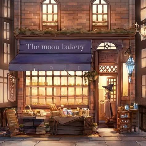 Bakery Shop Concept Art, Anime Cafe Scenery, Japanese Bakery Shop Design, Fantasy Bakery Concept Art, Magic Shop Drawing, Anime Places, Cafe Concept, Seni Dan Kraf, Scenery Background