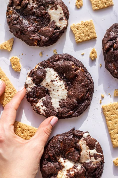 Double Chocolate Smores Cookies, Chocolate Smores Cookies, Campfire Cookies, New Cookie Recipes, Smores Cookie, Thanksgiving Favorites, S Mores Cookies, Graham Cracker Cookies, Chewy Chocolate Cookies