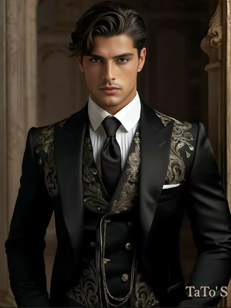 Black And Gold Suit Men, Gold Suit Men, Black Formal Men, Black And Gold Suit, Spanish Costume, Sophisticated Man, Gold Suit, Paisley Jacket, Evening Suit