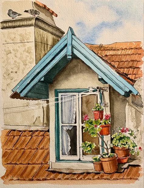 Cozy Window, Cotton Watercolor, Watercolor Scenery, Watercolor Art Landscape, Watercolor Architecture, Watercolor Paintings For Beginners, Tiny Plants, Corrugated Paper, Architecture Drawing Art