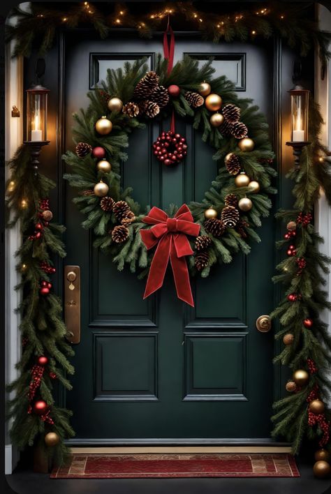 Beautiful Christmas Wreaths Front Doors, Festive Front Door, House Decor For Christmas, Outside Decor Christmas, Christmas Wreath On Door, Christmas Decoration Outside House, Christmas Window Home, Classic Christmas Wreaths For Front Door, Christmas Decoration Front Door