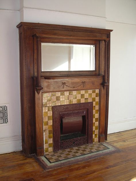 Bed Stuy mantle the owner stripped. Mantels With Mirror, Fireplace Mantels Wood, Craftsman Fireplace Ideas, Farmhouse Fireplaces, Victorian Fireplace Mantels, Victorian Fireplace Tiles, Mantel Inspiration, Dollhouse Fireplace, Mirror Victorian